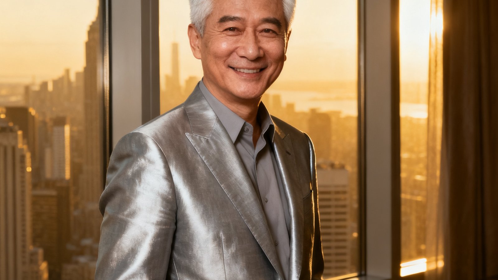 PA贵宾会高级顾问合伙人陈启华，五十五岁男性，花白短发梳理整齐，穿着银灰色西装站在落地窗前自然微笑，背景是城市天际线，气质儒雅而自信