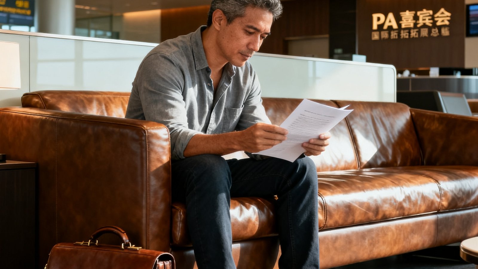 PA贵宾会国际拓展总监James Tan，四十二岁男性，混血面孔，穿着休闲商务装，坐在机场贵宾候机厅的皮质沙发上低头审阅文件，身旁放着一只棕色公文包